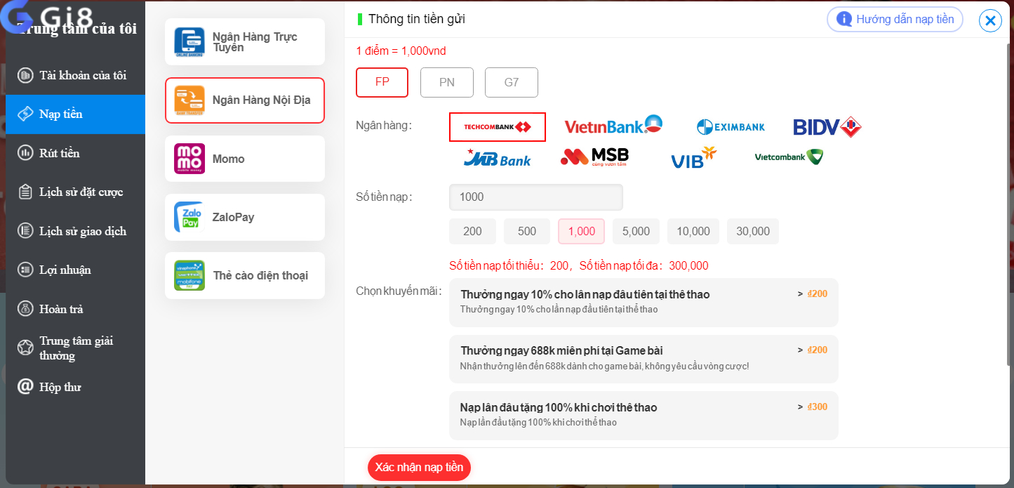 Hướng dẫn rút và nạp tiền Gi8
